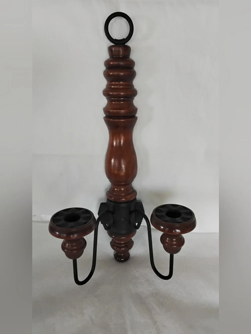 Vtg Wood and Metal 2 Arm Wall Sconce Candle Holder- Brown and Black